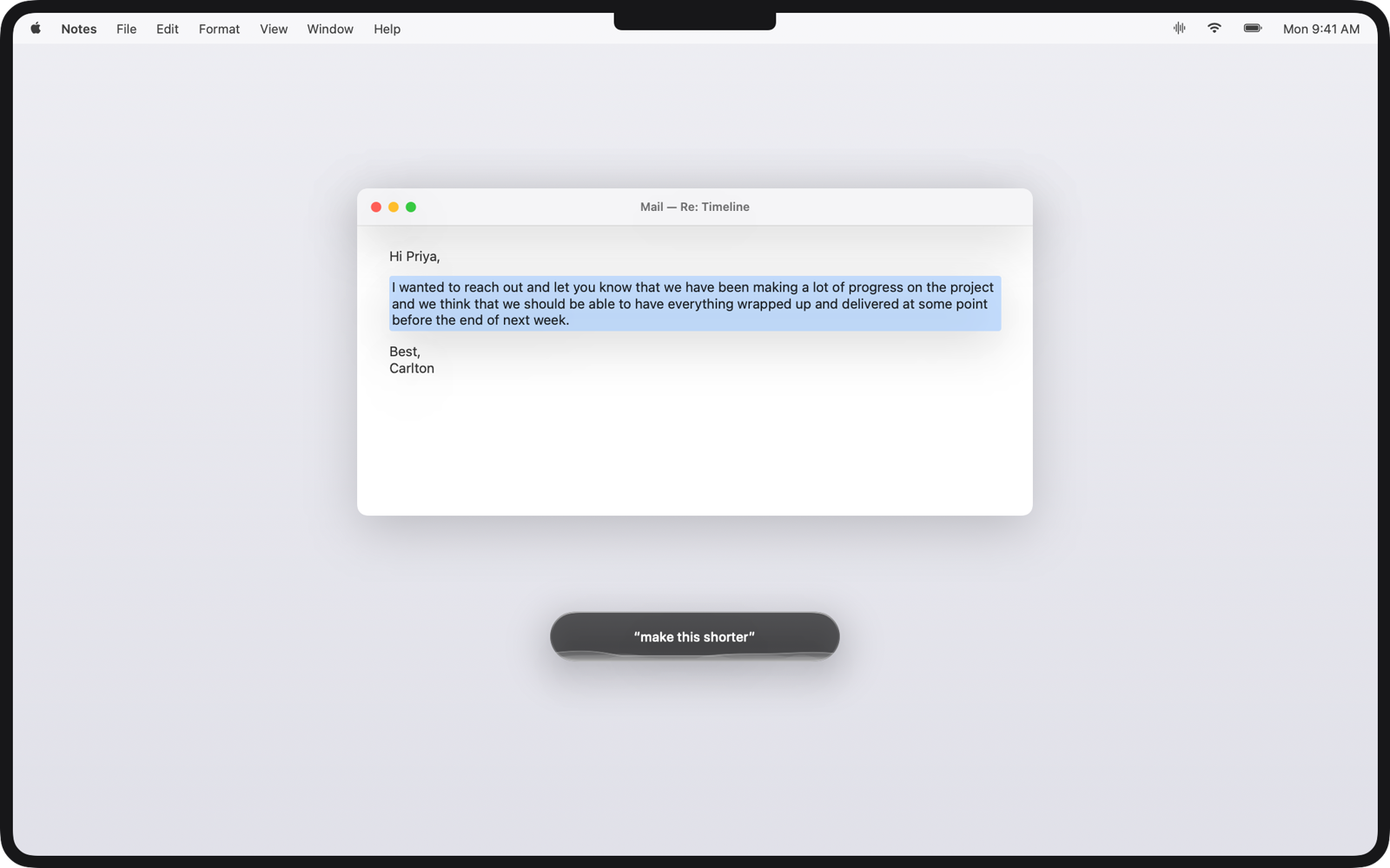 Selected text in Mail with Plynn's capsule showing the spoken instruction make this shorter