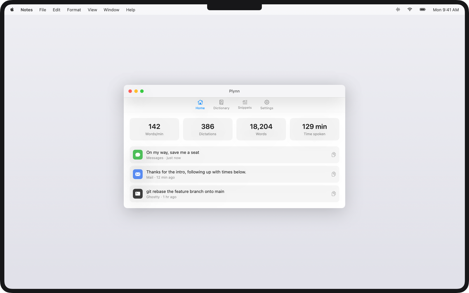 Plynn's main window with dictation stats and history